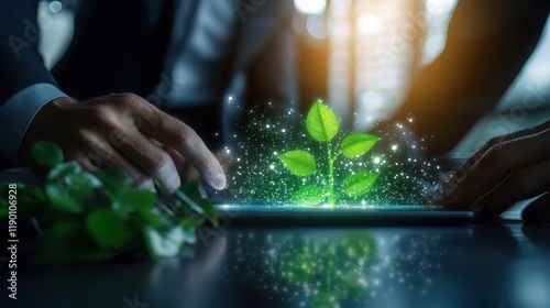 Expert team utilizing tablet to showcase renewable energy solutions in a modern office environment