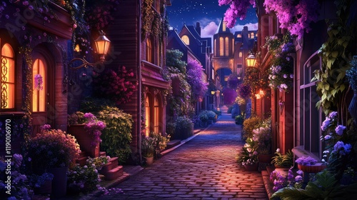 A dimly lit alleyway with street lamps casting a soft glow on the cobblestone street, creating a peaceful and quiet night scene