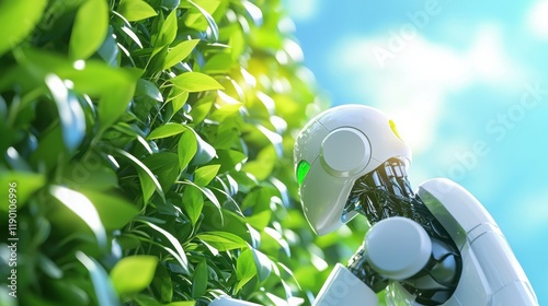 Robotic team enhancing energy efficiency in vertical garden urban setting digital art bright environment close-up futuristic concept