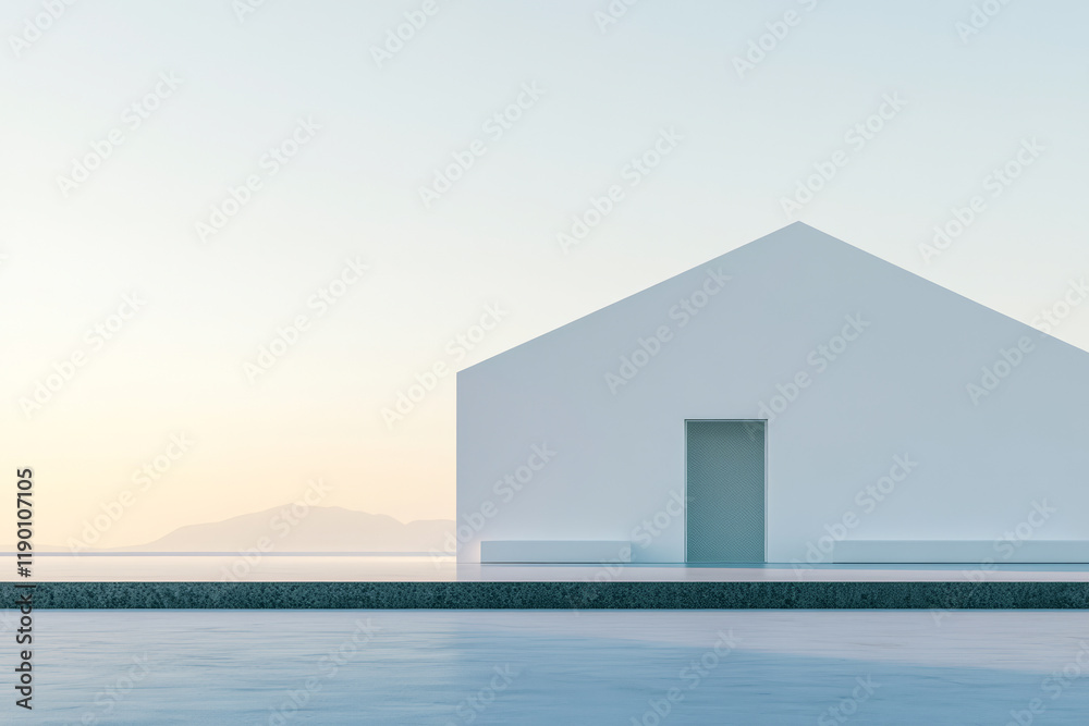 Fototapeta premium Modern white house by the water during a serene sunset with soft pastel sky colors