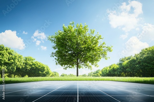 Futuristic tree with solar panel-like leaves urban park conceptual art eco-friendly environment ground-level view sustainability