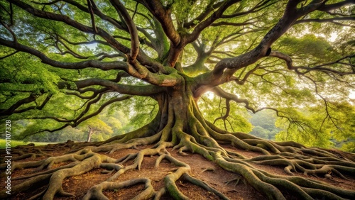 Roots of an ancient oak tree rise from the earth like a natural sculpture photo