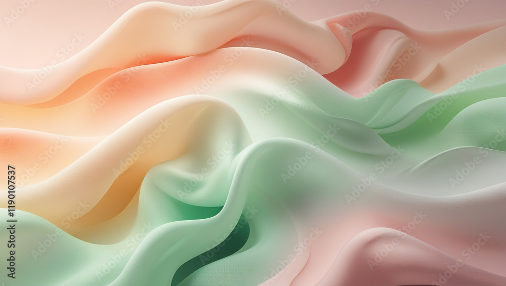 Fototapeta premium A high-resolution background featuring a minimal pastel gradient that blends peach, mint green, and dusty rose tones in a soft and smooth flow, designed to create a serene atmosphere.