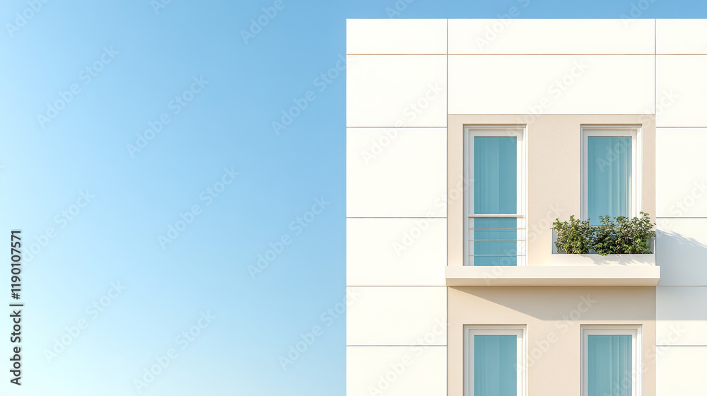 Modern architectural building design with blue sky and balcony plants in clear daylight Modern architectural building design with blue sky and balcony plants in clear daylight