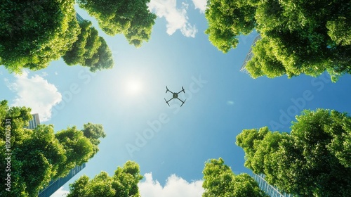 Drones planting trees in a sustainable urban park city landscape aerial view eco-friendly initiative nature restoration