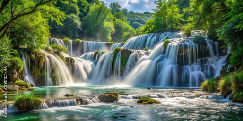 A waterfall cascading into a foamy river with dense foliage surrounding it, creating a serene atmosphere and highlighting the power of nature , wildlife, rivers