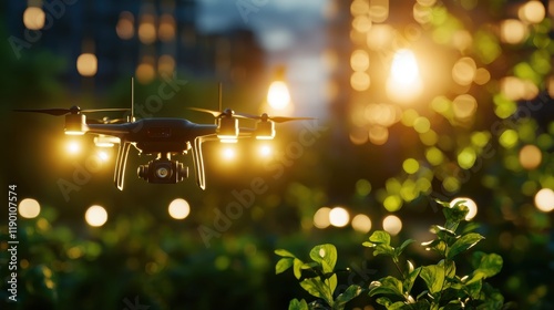 Drones planting trees in sustainable urban park city environment nature photography green technology perspective
