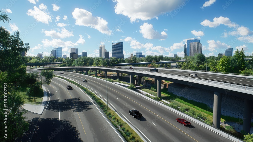 A freeway overpass with smooth, clean roads and modern urban surroundings, offering a dynamic and futuristic backdrop A freeway overpass with smooth, clean roads and modern urban surroundings, offering a dynamic and futuristic backdrop