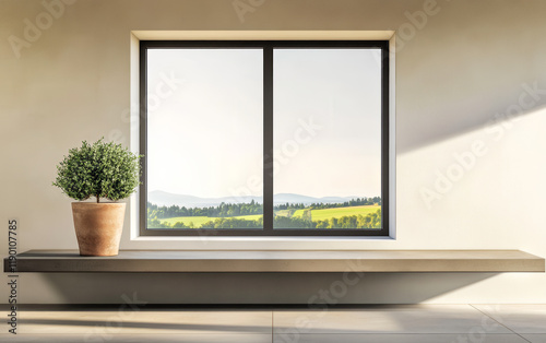 Bright and airy interior with a scenic landscape view from a large window