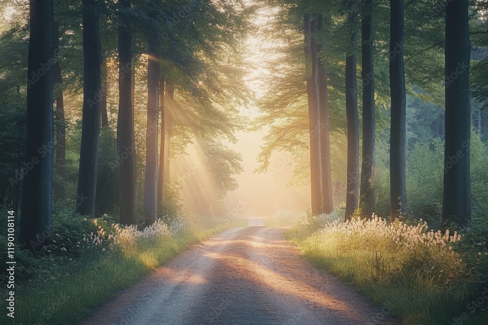 Obraz premium Sunlit forest pathway surrounded by trees and golden mist