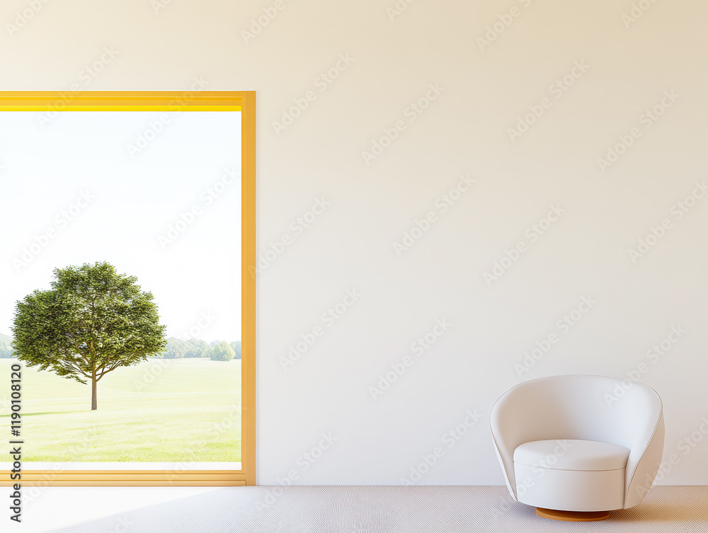 Obraz premium Modern interior with a view of a tree and outdoor landscape