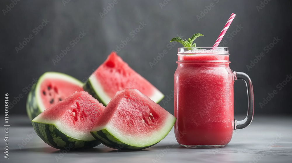 fresh watermelon smoothie in a mason jar with a straw isolated on a gray background fresh watermelon smoothie in a mason jar with a straw isolated on a gray background