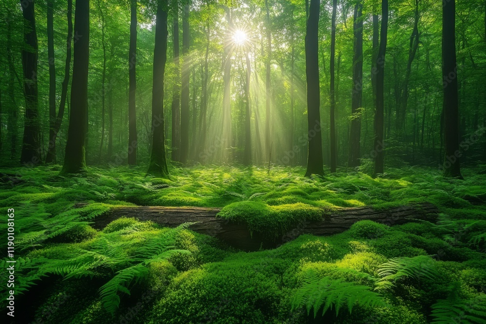 Obraz premium Sunlit forest with lush moss covering the ground and tall trees