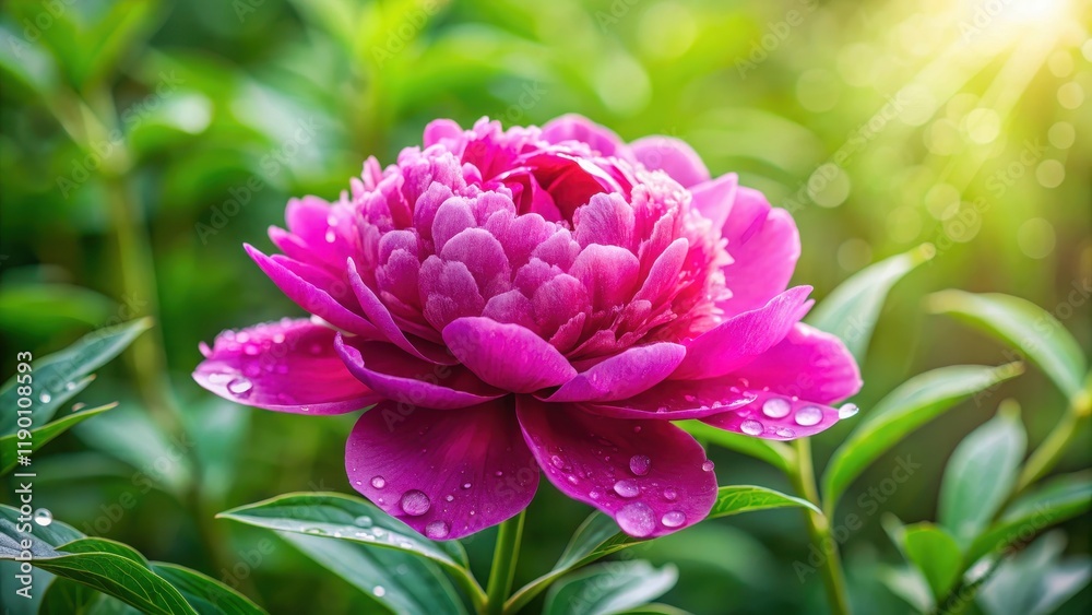 Fototapeta premium A delicate fuchsia peony flower blooming in a lush summer garden amidst green foliage and soft natural light, with dew drops glistening on its petals , light, fuchsia