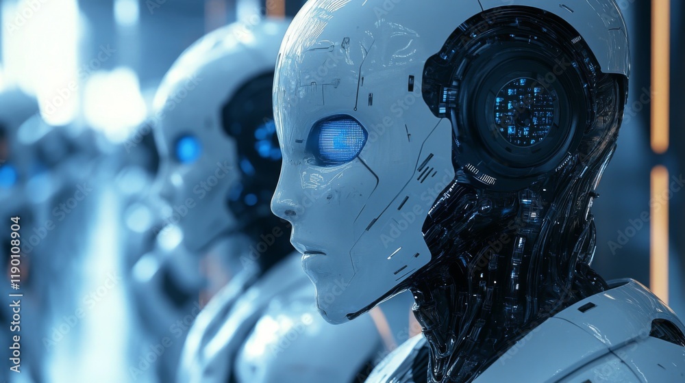 Fototapeta premium Close-up of a futuristic robot head with glowing blue lights