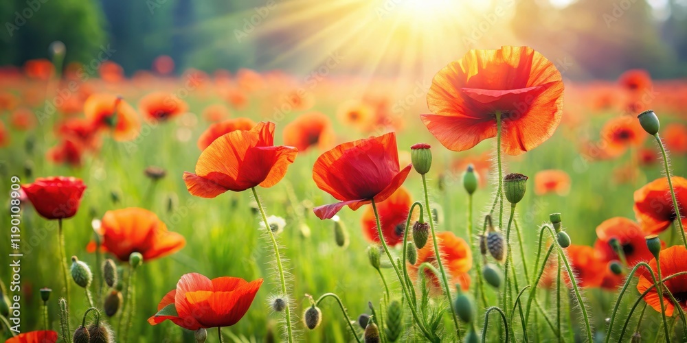 Fototapeta premium Vibrant red poppies sway gently in the summer breeze amidst lush green grass and wildflowers in a sunny meadow, meadow scene, landscape