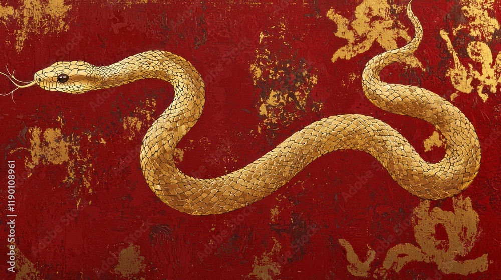 Majestic golden snake on a deep red lacquer-style background highlighted by subtle Japanese paper texturing Majestic golden snake on a deep red lacquer-style background highlighted by subtle Japanese paper texturing