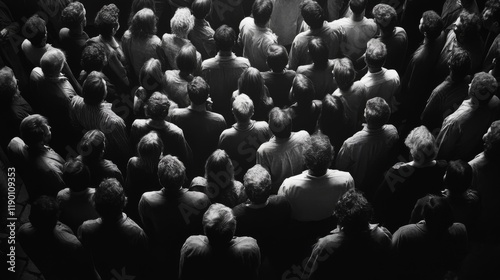 Black and white image of an audience sitting in a dark theater