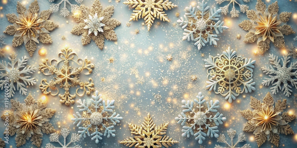 Delicate intricate design of snowflakes surrounding a central festive motif, glittery, holiday, glittery, holiday, winter Delicate intricate design of snowflakes surrounding a central festive motif, glittery, holiday, glittery, holiday, winter