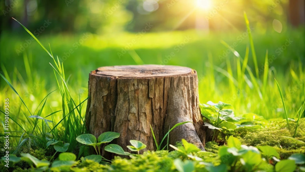 A tree stump with a weathered wooden plug inserted into the ground amidst lush green grass , plant life, wood A tree stump with a weathered wooden plug inserted into the ground amidst lush green grass , plant life, wood