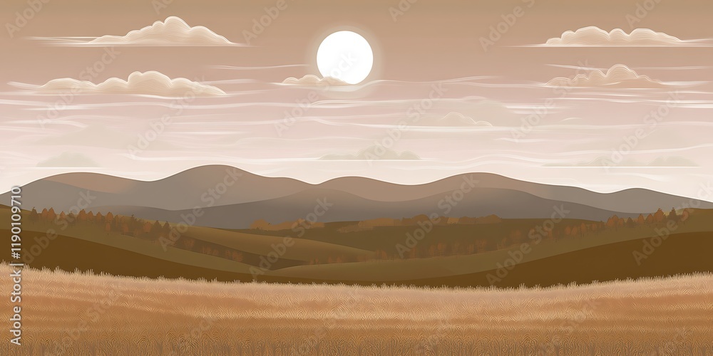 Fototapeta premium Serene autumn landscape, sunlit hills, peaceful field, scenic background, ideal for travel brochures