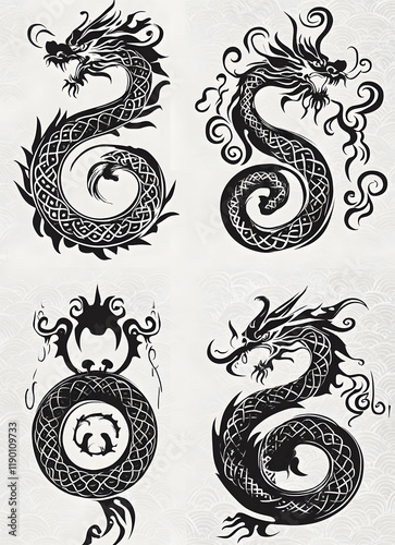 Stylized black dragon illustrations