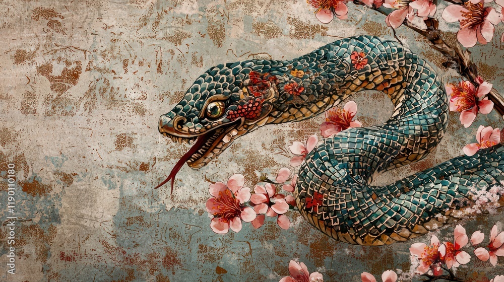 Obraz premium Snake decorated with intricate Chinese lattice designs surrounded by cherry blossoms on a Japanese paper texture.