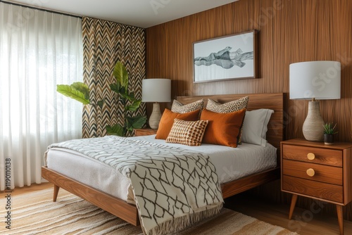 A mid-century-inspired bedroom with warm wooden finishes, sleek nightstands, and bold patterned curtains photo