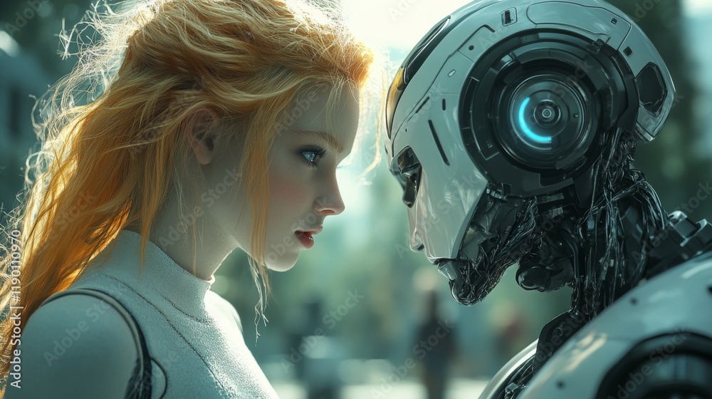 Blonde woman and futuristic robot looking at each other outdoors Blonde woman and futuristic robot looking at each other outdoors