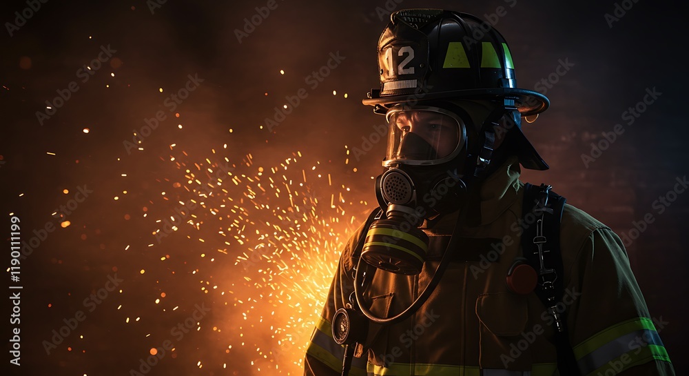 Fireman wearing firefighter turnouts and helmet. Dark background with smoke and blue light Fireman wearing firefighter turnouts and helmet. Dark background with smoke and blue light