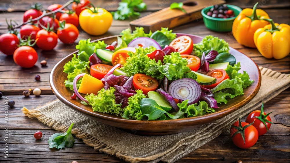 Fresh vegetable salad with mixed greens and colorful vegetables on a wooden table Fresh vegetable salad with mixed greens and colorful vegetables on a wooden table