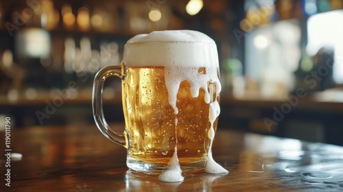 Cold beer A close-up view of steamed mug with foam overflowing in a bar on wooden table a desk 
