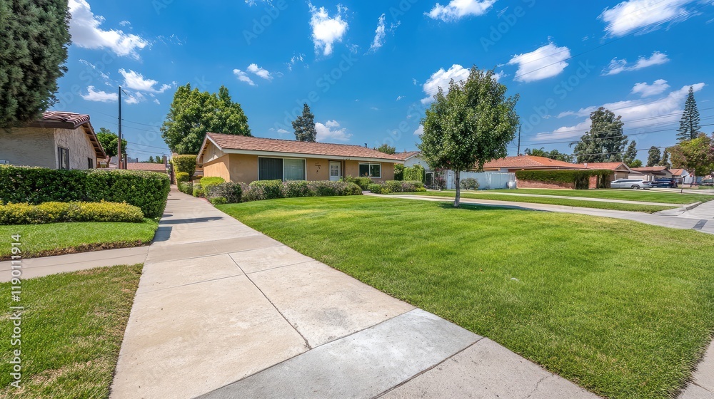 Fototapeta premium A quiet road in a suburban neighborhood with clean sidewalks, manicured lawns, and clear skies, ideal for family-oriented themes