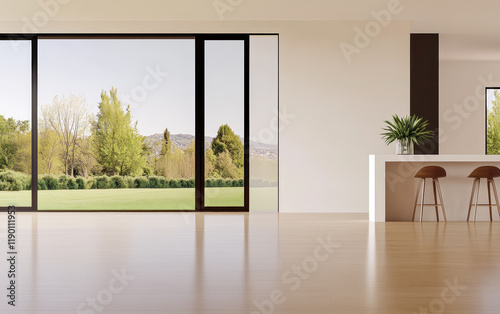 Modern interior design featuring large windows with a view of a green landscape