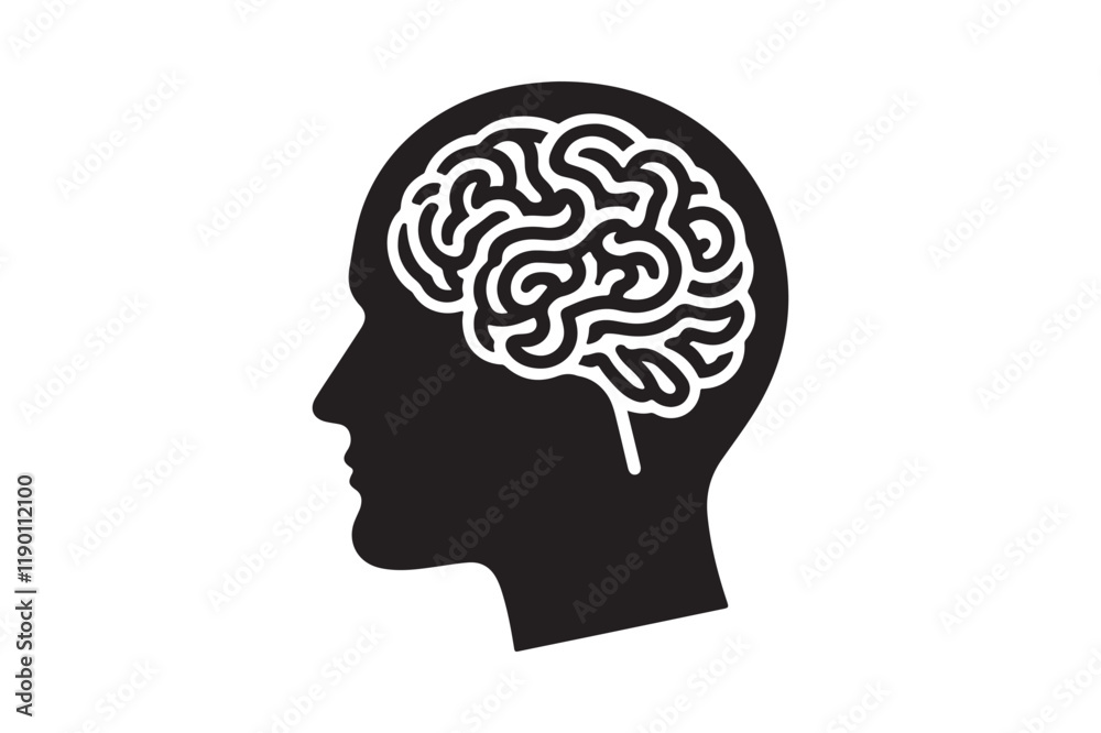 Human head profile with brain symbol, black icon vector illustration Human head profile with brain symbol, black icon vector illustration