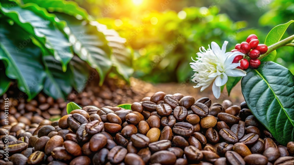 Obraz premium Coffee bean and blossom amidst lush greenery , farm, agriculture, farm, agriculture, flora