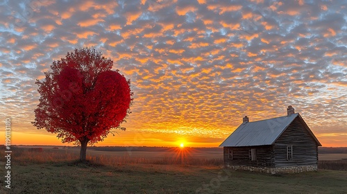 A solitary red heart-shaped tree under a vivid sunset sky, with golden-orange rays highlighting the tree's unique shape and fluffy clouds adding depth to the horizon. photo