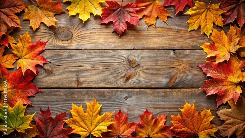 Autumn Sugar Maple Leaves Framing Rustic Wood Background , rustic wood