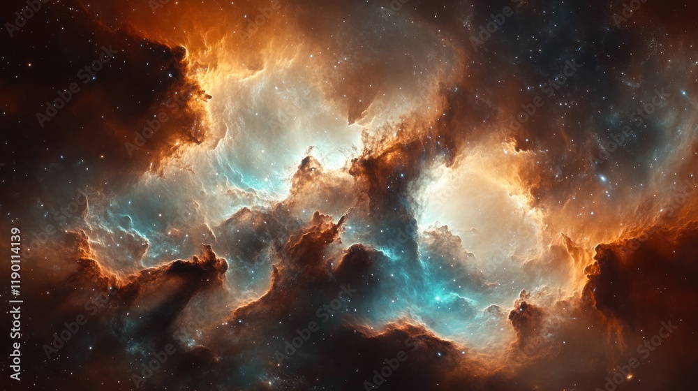 Fototapeta premium Cosmic Nebula: A Celestial Tapestry of Orange and Teal Hues