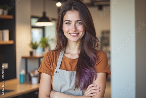 Free Download Young woman in apron and rust colored shirt in modern office or retail - GFXLoad