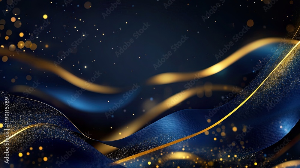 Blue background with golden lines, blue ribbon, glitter light effect and bokeh decoration. Luxury style design background Blue background with golden lines, blue ribbon, glitter light effect and bokeh decoration. Luxury style design background