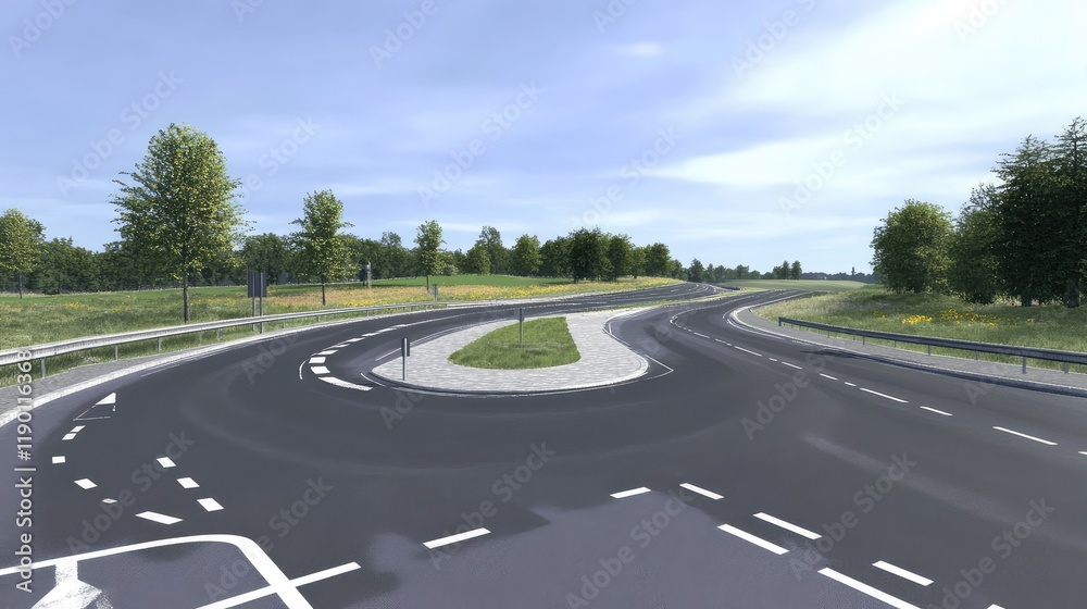 A simple two-way highway intersection in the countryside with clear road markings and vast open land on either side A simple two-way highway intersection in the countryside with clear road markings and vast open land on either side