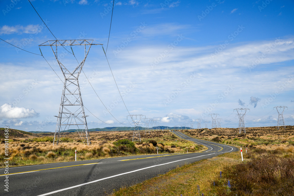 Power pylons and power lines along Desert Road. North Island. New Zealand.