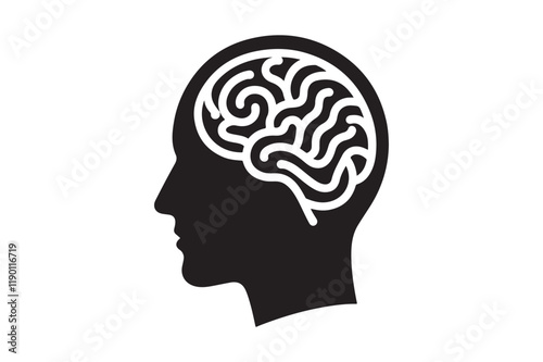 Human head profile with brain symbol, black icon vector illustration 