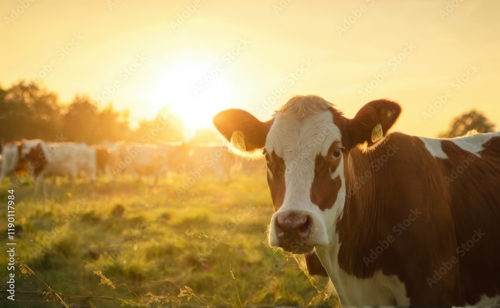 Cow in Sunset Field: Closeup of Brown and White Cow with Green Tag, Curious Expression, Blurred Background, Network Overlay. Cow in Sunset Field: Closeup of Brown and White Cow with Green Tag, Curious Expression, Blurred Background, Network Overlay.