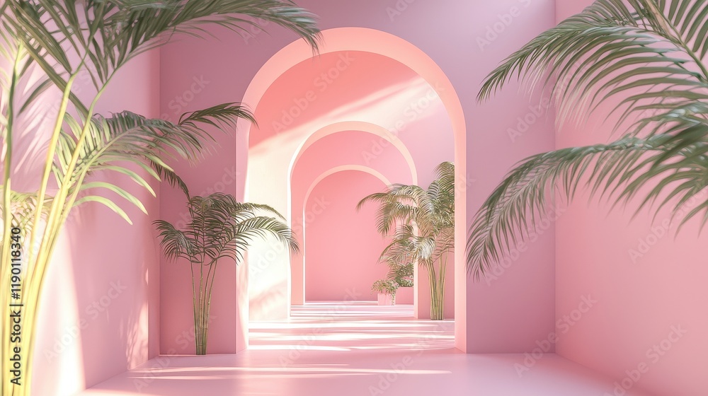 Pink architectural hallway with potted palm plants Pink architectural hallway with potted palm plants
