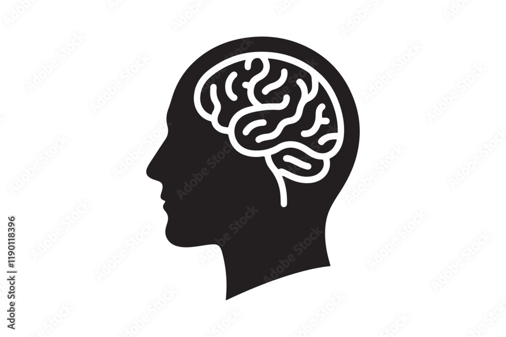 Human head profile with brain symbol, black icon vector illustration Human head profile with brain symbol, black icon vector illustration