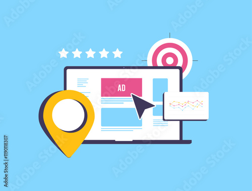 Local social media marketing - hyperlocal advertising tactics, location pin, targeted ads, analytics and laptop. Perfect for promoting local business strategies visually. Isolated Vector illustration