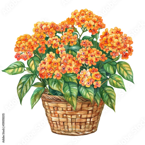 A watercolor of a lantana bouquet in a basket, isolated on a white background. Lantana bouquet in a basket vector.
