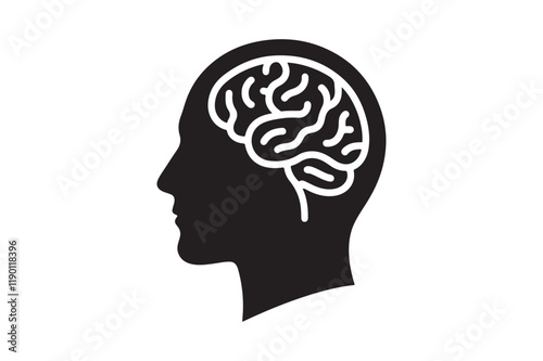 Human head profile with brain symbol, black icon vector illustration 